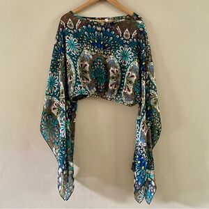 GLOW Cropped Hippie Boho Gypsy Scarf Sleeve Top Blouse Peacock Y2K Size SMALL